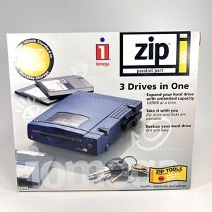 Vintage Iomega Zip 100 Z100P2 External PC Drive Blue Parallel Port + Sealed Disk